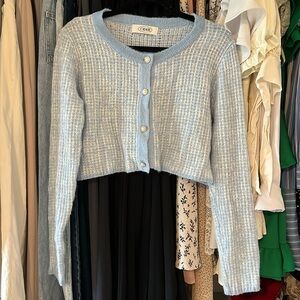 CIDER knitted tweed-like sparkly light blue and white top with pearl buttons